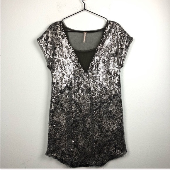 Free People Sequin Mesh Mini Shift Dress Silver - Picture 2 of 8